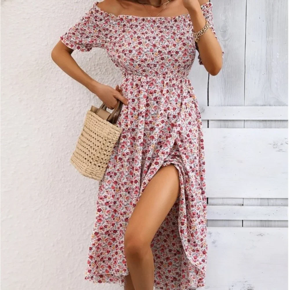 Boho Ditsy Floral Off Shoulder Wrap Hem Dress
